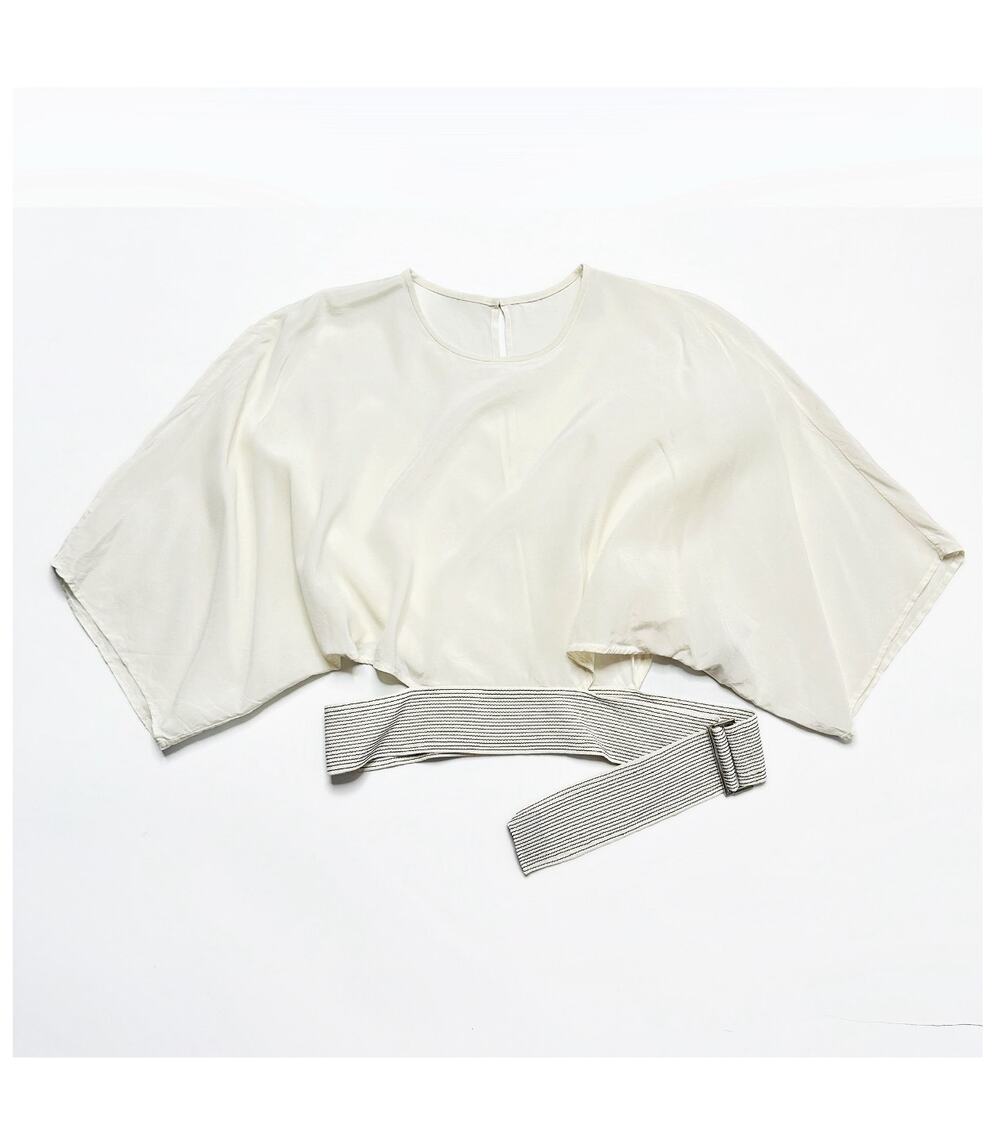 Edition Mo&Co White Silk Cut Out Buckle Waist Cropped Short Sleeve Blouse Top Sm